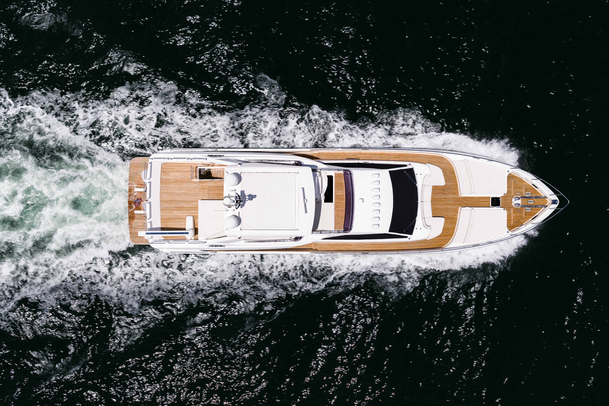 Overhead view of the yacht underway showing the bow, flybridge, and aft decks